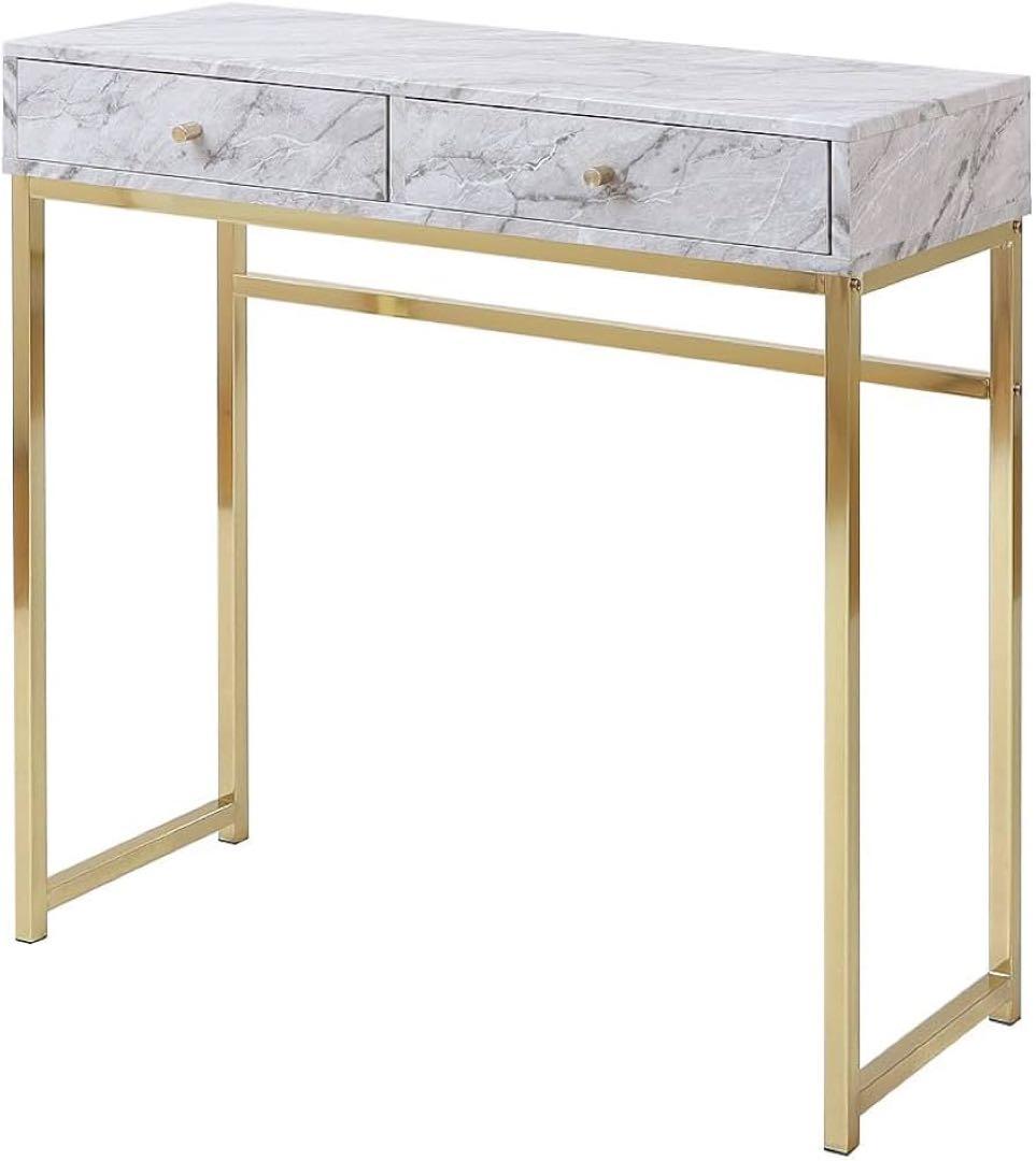 送料無料　コンソールテーブル　引き出し付き　大理石柄　ホワイト　ゴールド　飾り棚