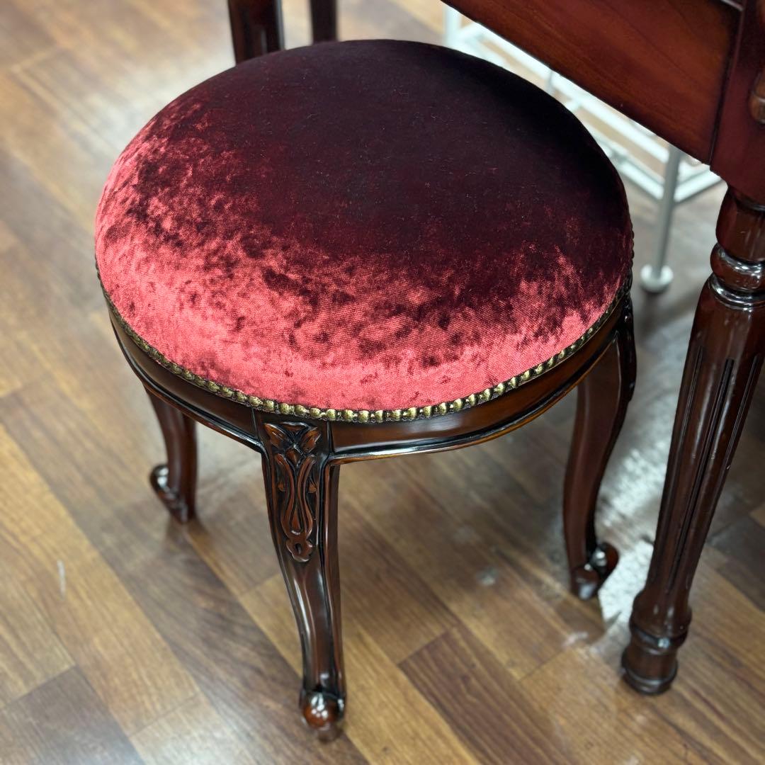マホガニーアンティーク調 クラシックスタイル 赤ベルベット スツール 腰掛け椅子