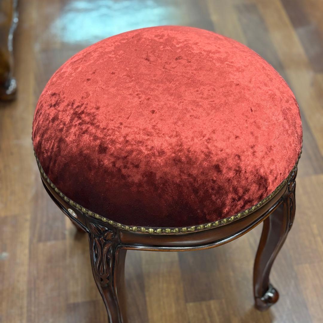 マホガニーアンティーク調 クラシックスタイル 赤ベルベット スツール 腰掛け椅子