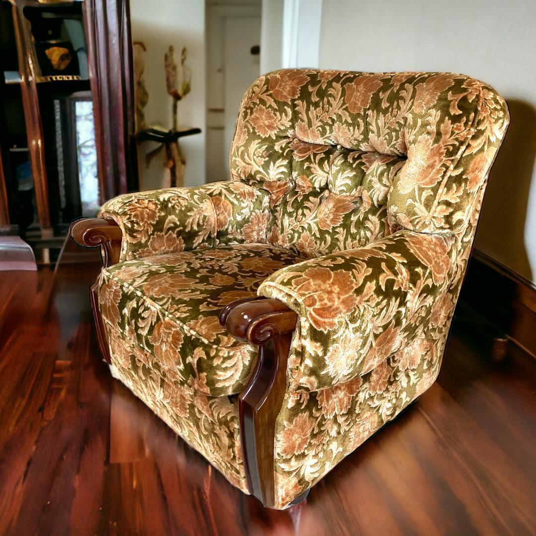 昭和レトロ オールド カリモク 金華山 1人掛け ソファー 花柄 ベロア ②