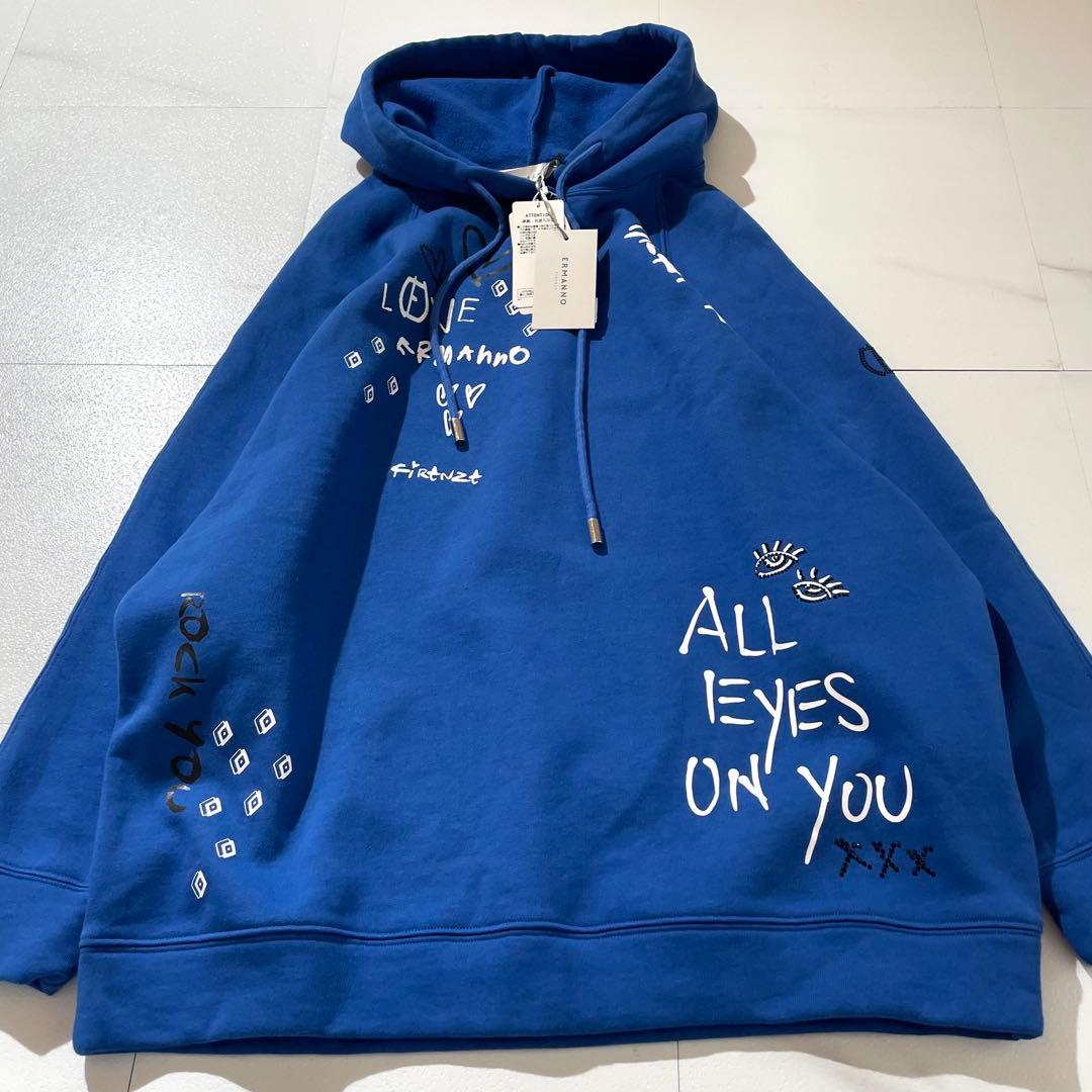 未使用タグ付き✨ エルマンノシェルビーノ パーカー ロゴ ラインストーン ブルー