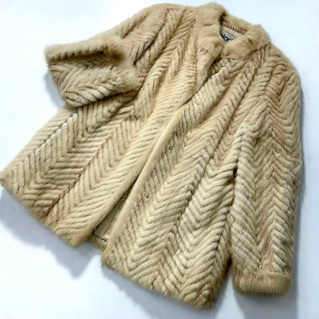 ミンク ファーコート ヘリンボーン柄 ベージュ ノーカラー 本毛皮　レディース