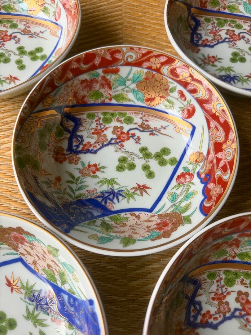 林九郎窯 有田焼 波佐見焼 赤絵 金彩 牡丹 松竹梅 5客