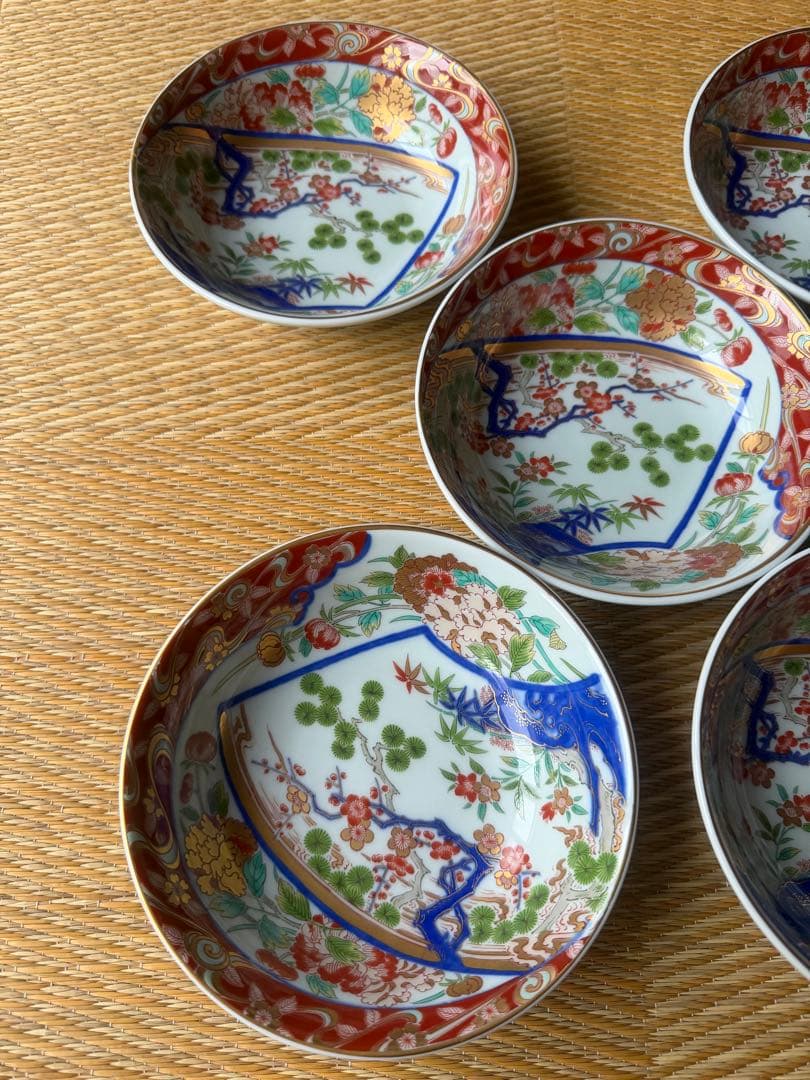 林九郎窯 有田焼 波佐見焼 赤絵 金彩 牡丹 松竹梅 5客