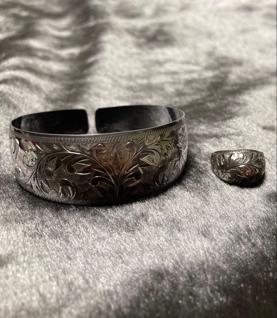 銀製 作家物 靖山 バングルとリングのセット