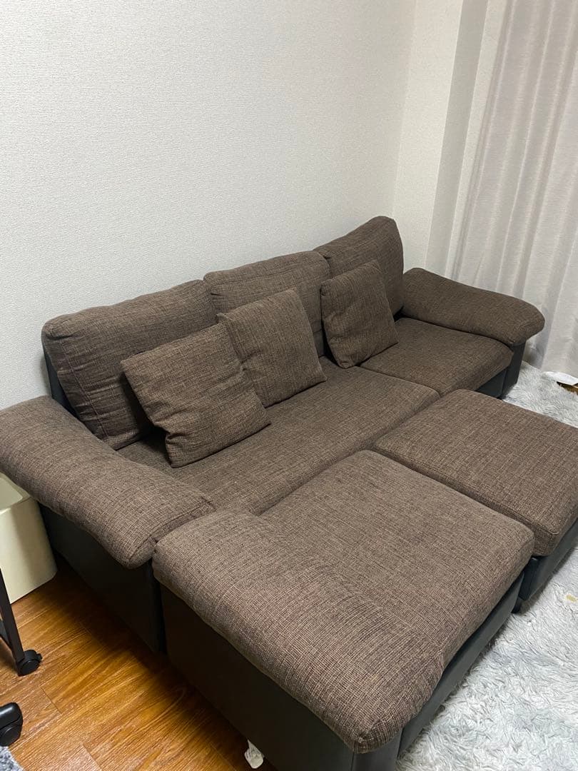 ぺ〜　ブラウン×ブラック レザー調　ファブリック　L字型 3人掛けソファ