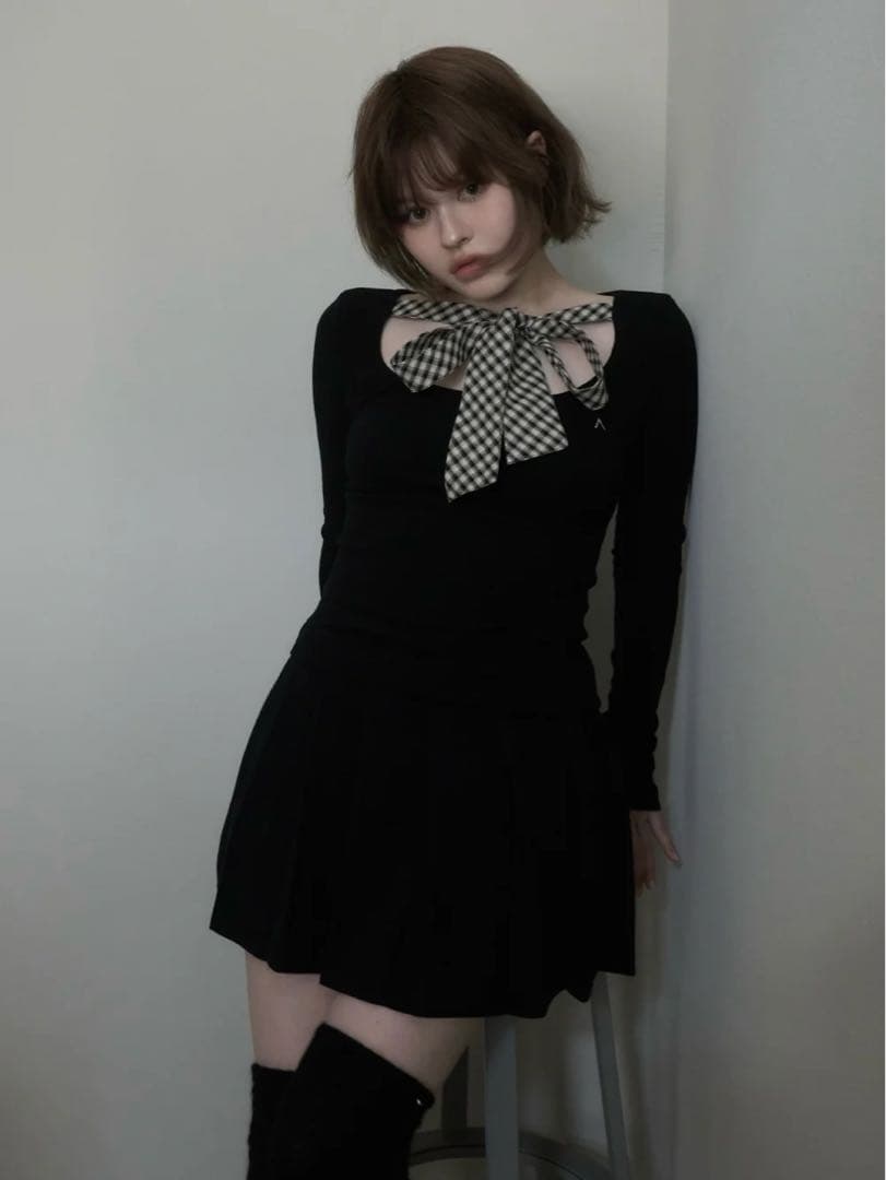 トップス andmary Ami ribbon check tops black