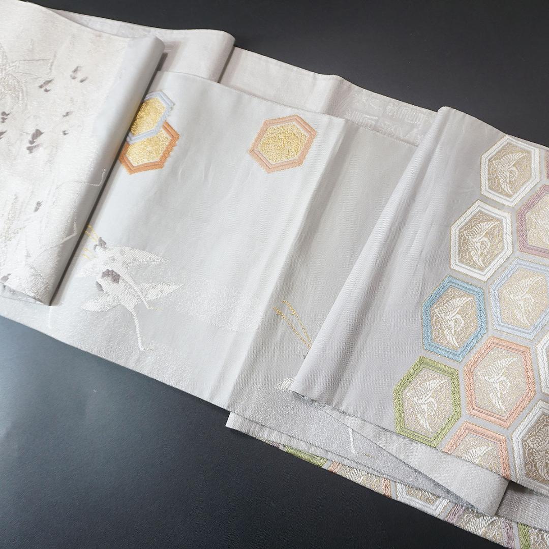 鶴　正絹袋帯　両面使い　銀　フォーマル　a813