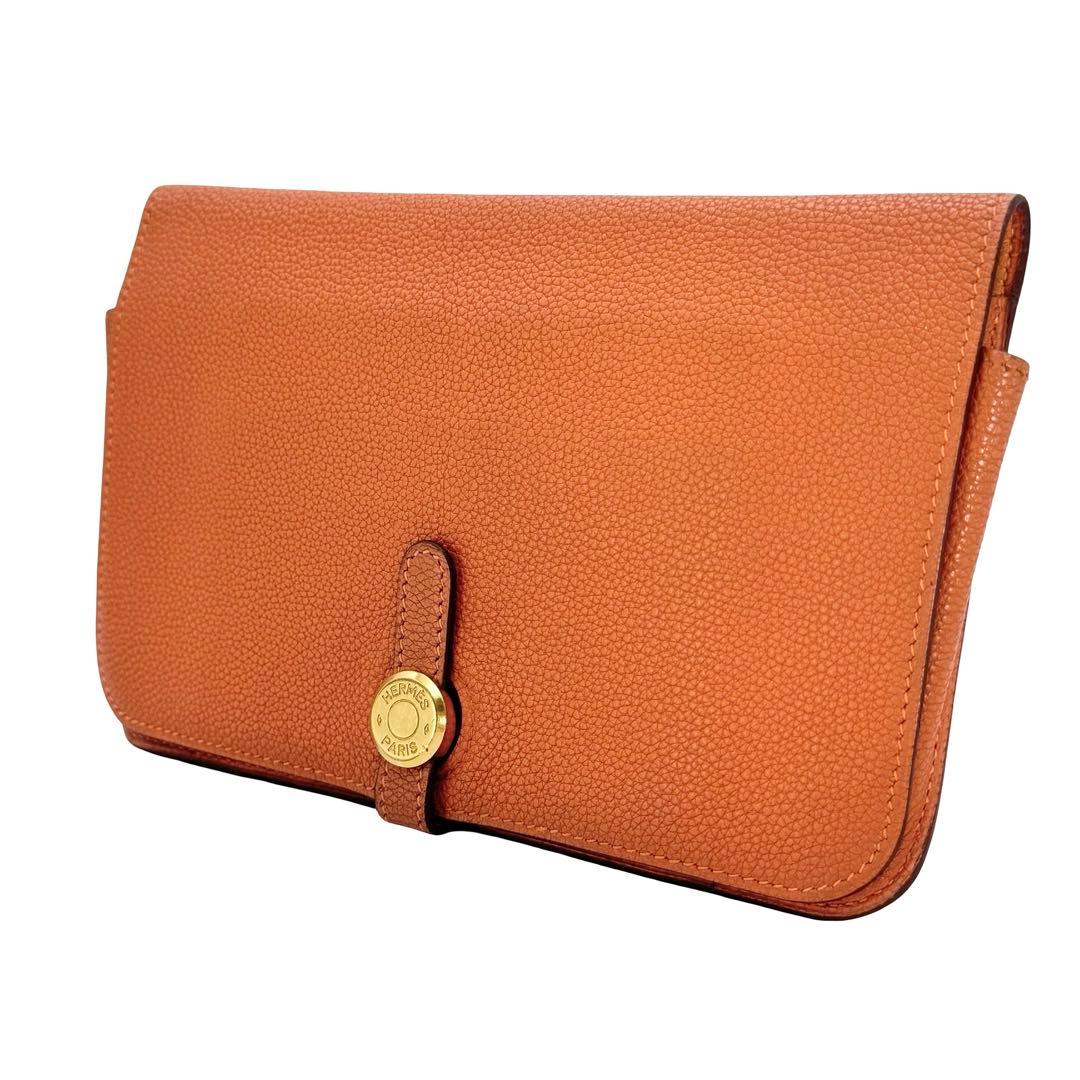 HERMES エルメス ドゴンGM オレンジ レザー長財布 小銭入れ レディース