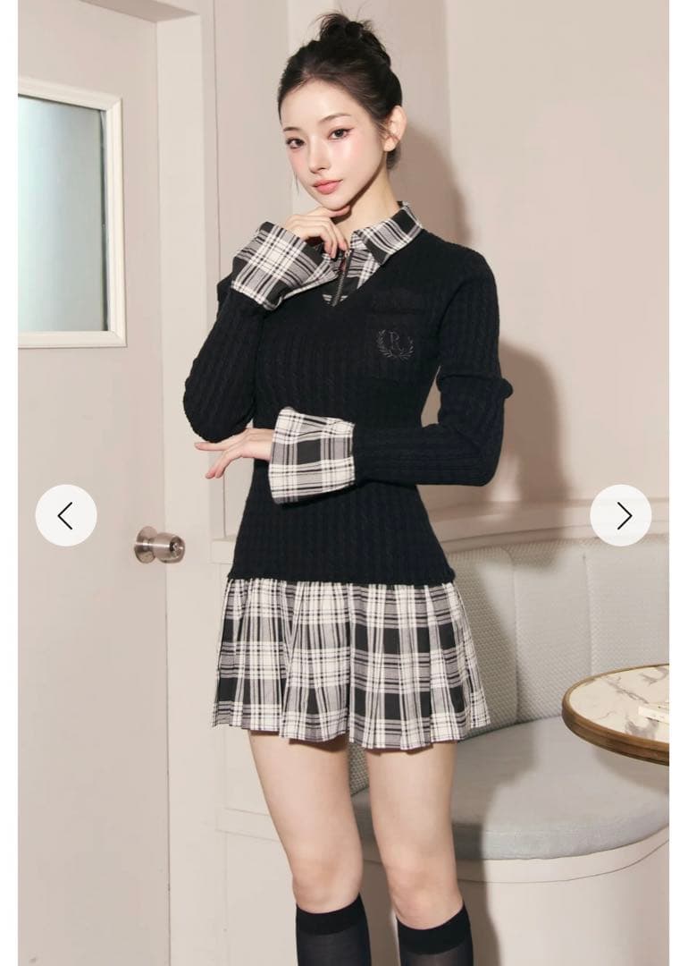 新品タグ付き Randy カービーニットチェックドッキングワンピース ブラック