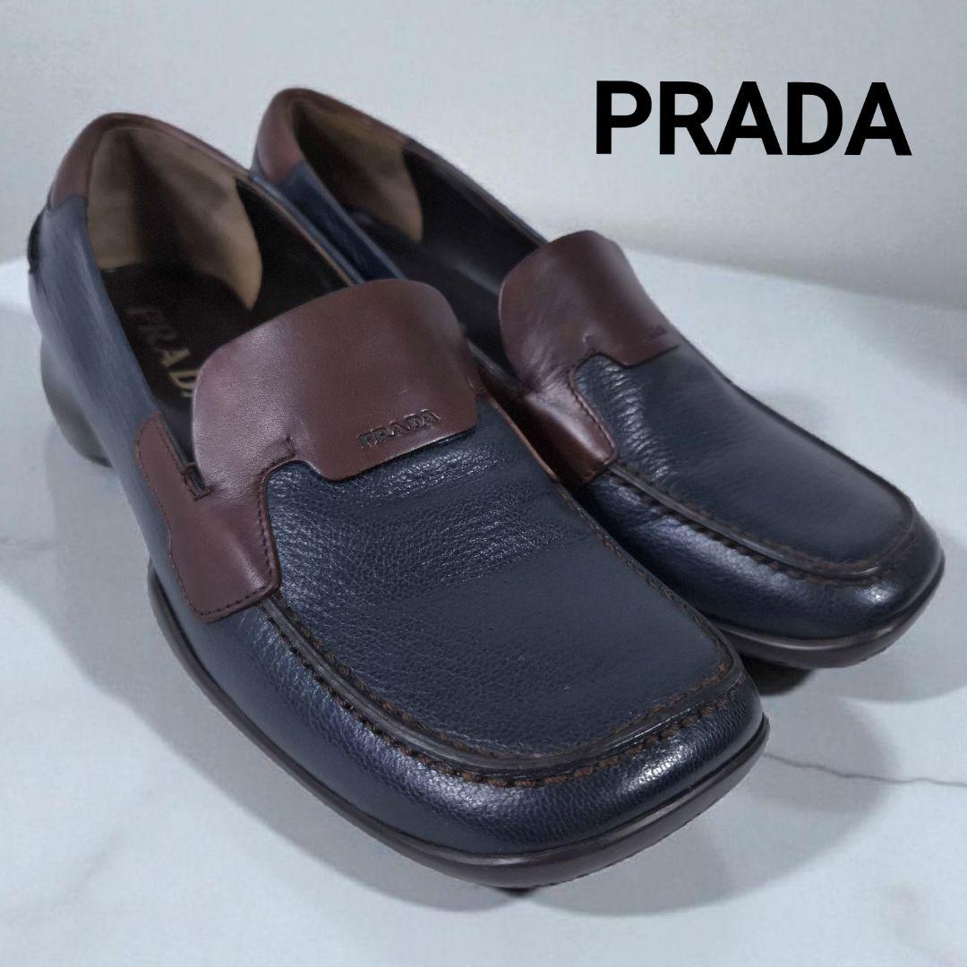 美品✨️　PRADA　プラダ　スクウェアトゥ　ローファー　ネイビー