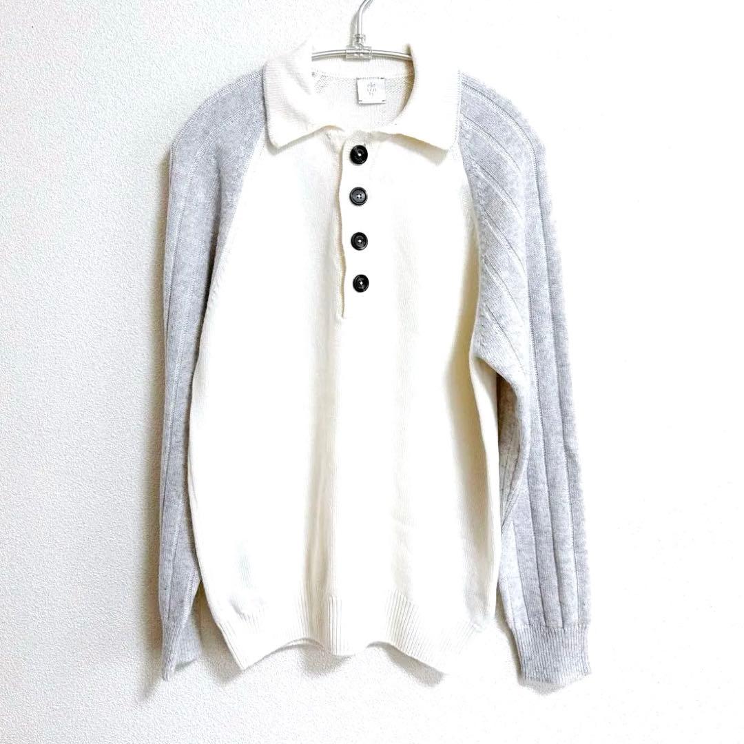 【eleventy】　カシミヤ　グレー　白　切り替え　ニット　カーディガン