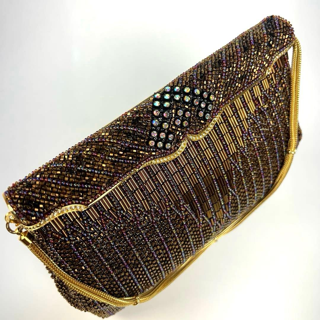 【未使用級】ルミーはしもと　ビーズバッグ　ブロンズ　ゴールドチェーン　ビジュー