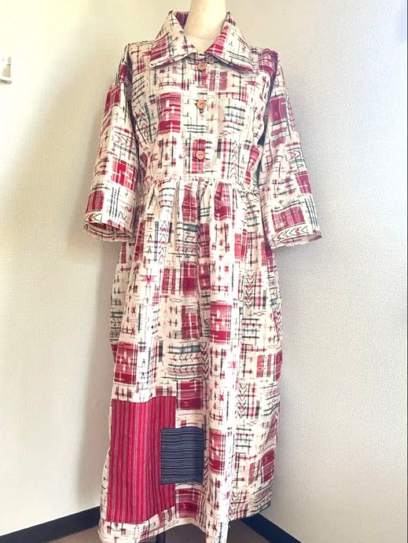 STN 着物リメイク　紬デカ襟ワンピース