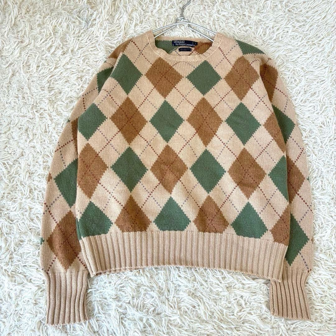 ラルフローレン アーガイル柄ニット セーター L ウール　ベージュ