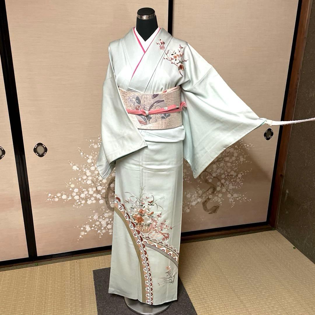 正絹　水色刺繍付下げ　高級美品