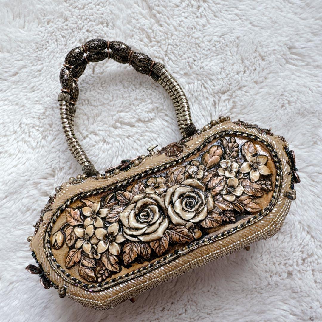 ビーズ刺繍 ハンドバッグ 薔薇 花柄 アンティーク風 パーティー フォーマル