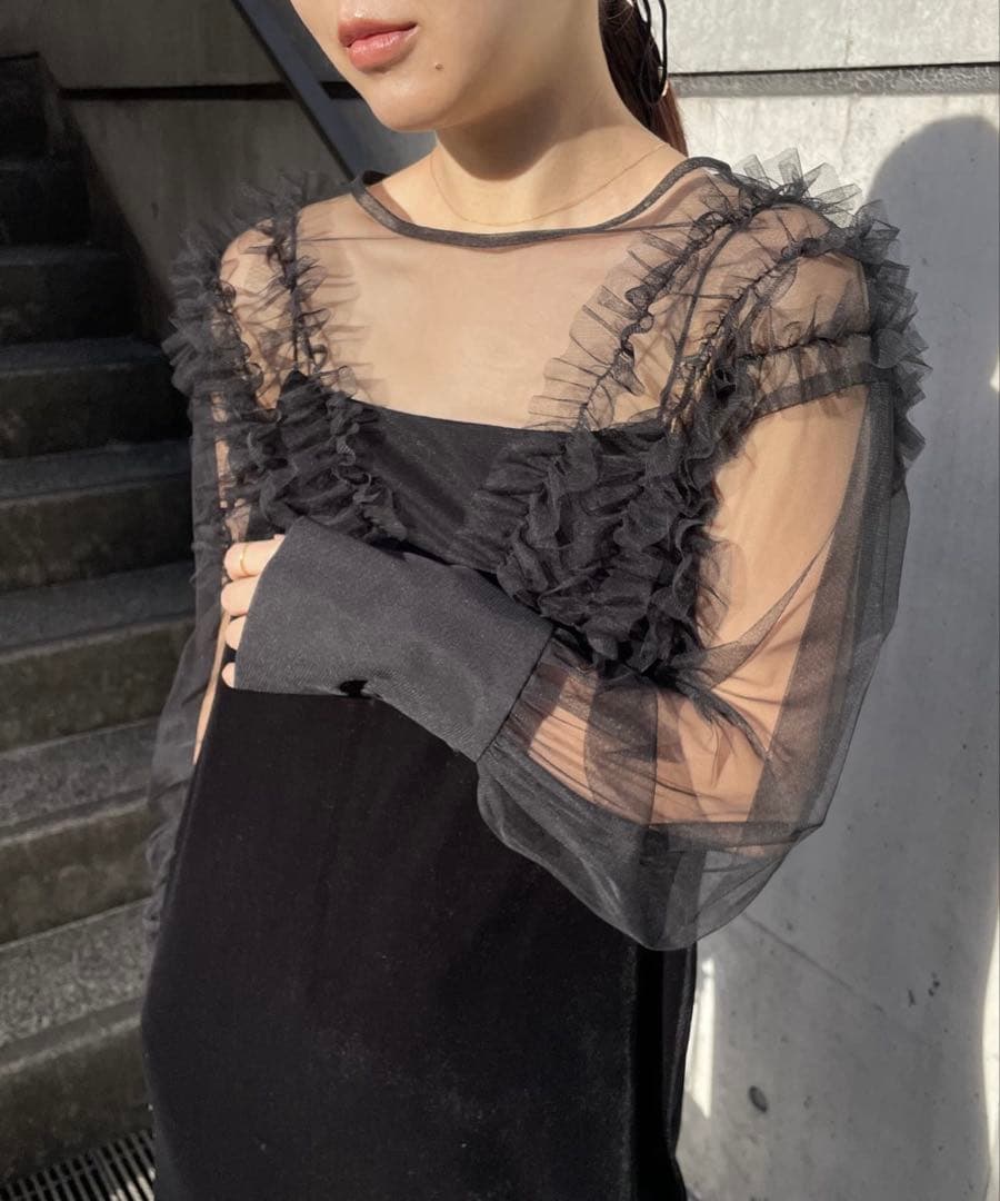 シースルーフリル袖 ブラックロングドレス