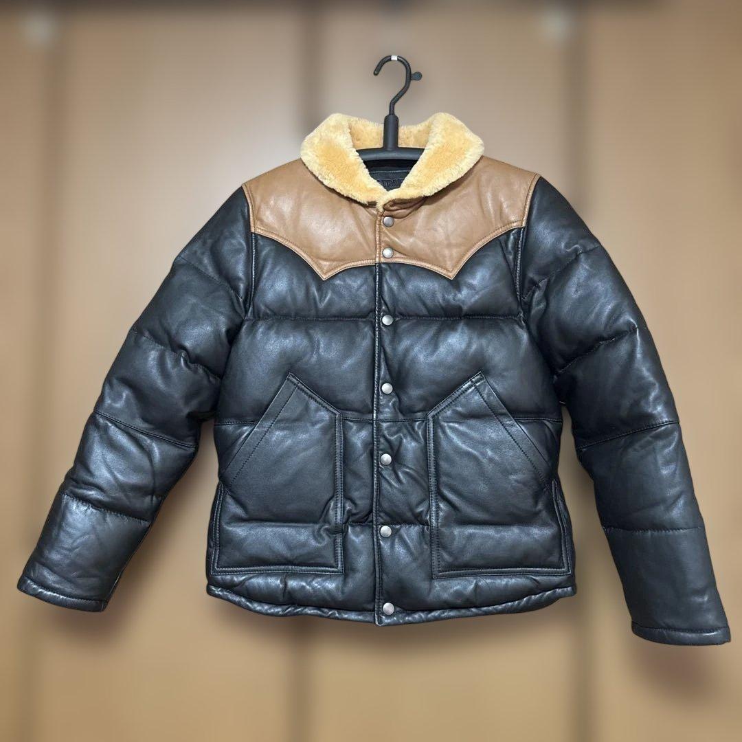 ラムレザー ダウンジャケット 羊革　襟ムートン　M ブラックXブラウン