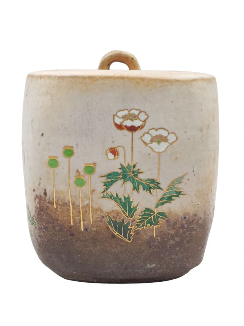 chadougu0318【福森阿也】『色絵金彩芥子絵 四方水指』共箱 共布