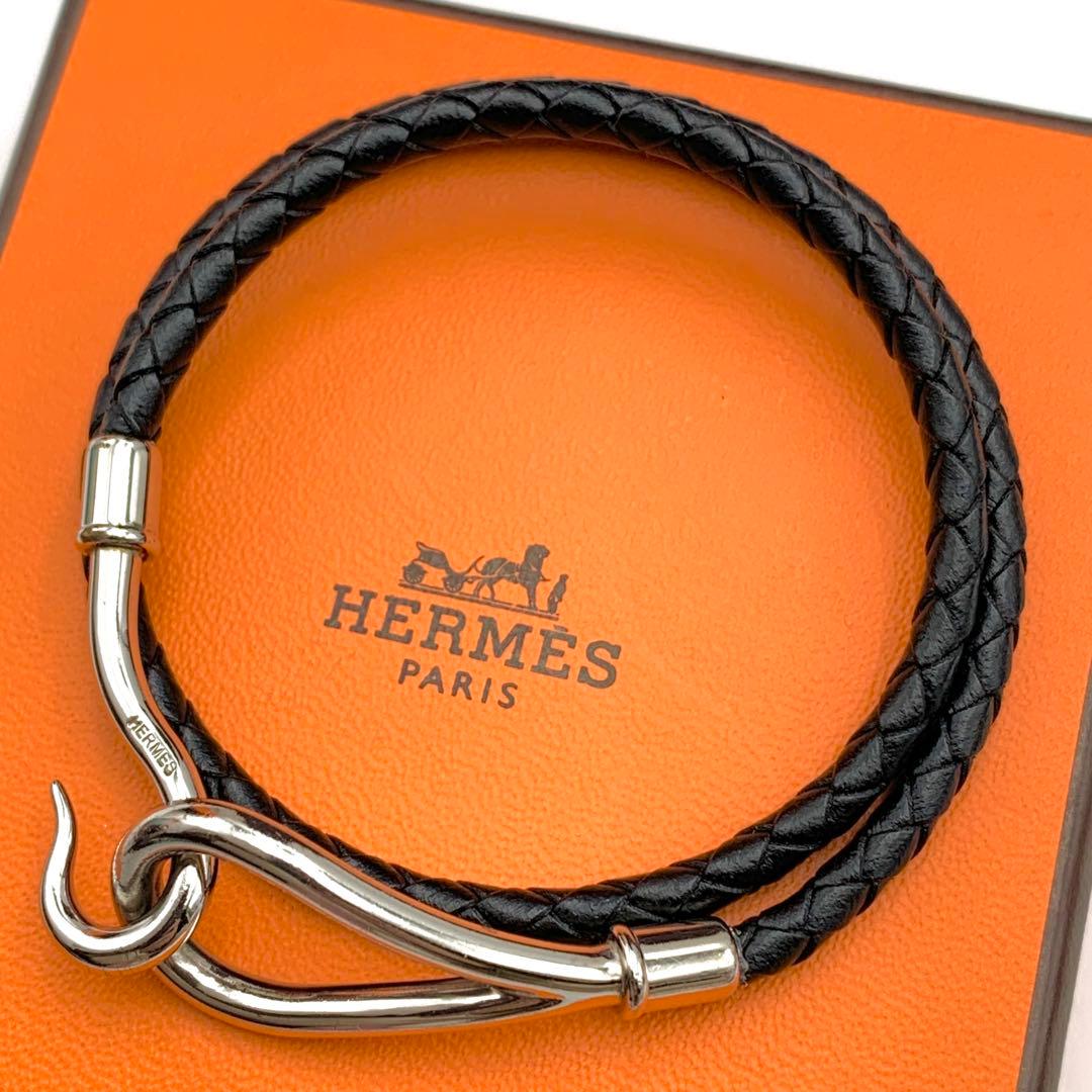 エルメス ジャンボ チョーカー 編み込み2連ブレスレット シルバー 黒レザー