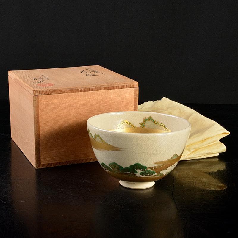 のらぴねこ　清閑寺窯　杉田祥平造　色絵仁清瀬田川　茶碗　共箱　V　6688