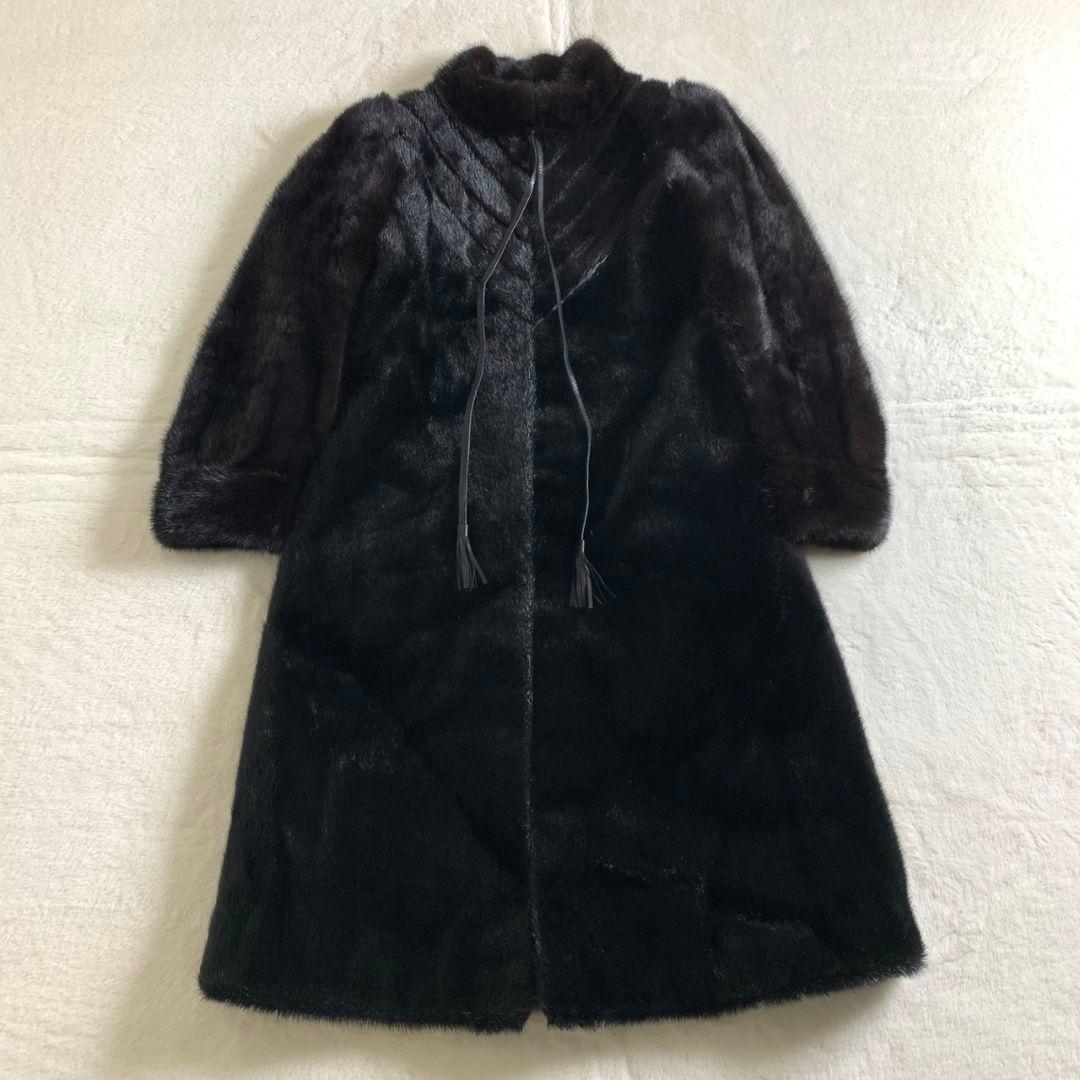【ファーコート　ダークミンク　ブラック　リボン　柄　ロングコート　古着】