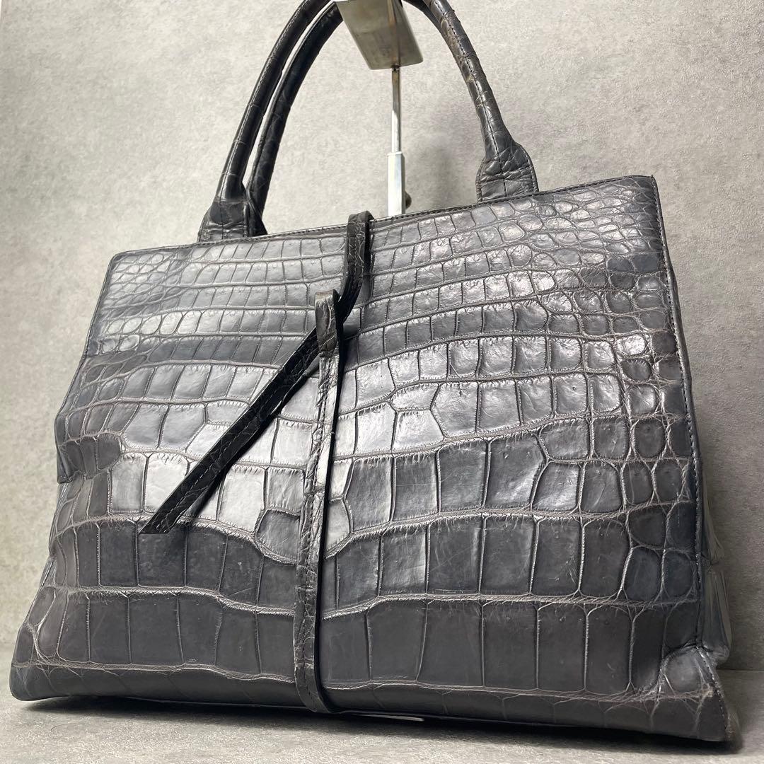極希少 JRAクロコダイル マット トートバッグ センター取り グレー