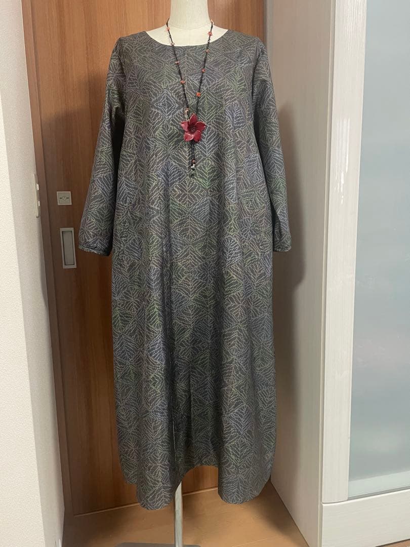 着物リメイク☆461大島紬脇タックワンピース／サイズL～LL