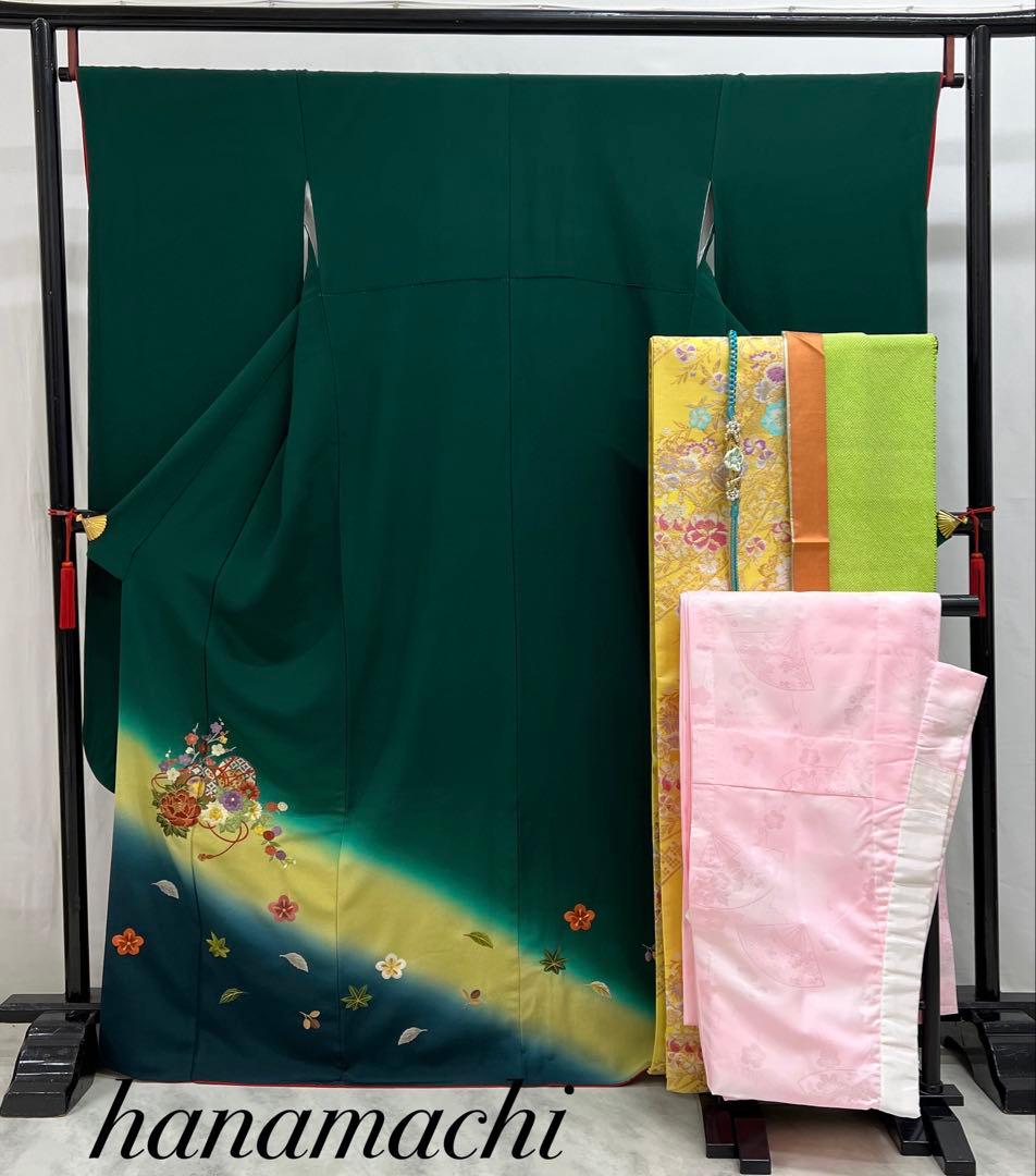 振り袖　フルセット　長襦袢付　緑　成人式　パーティー　刺繍入り　長尺袋帯　730