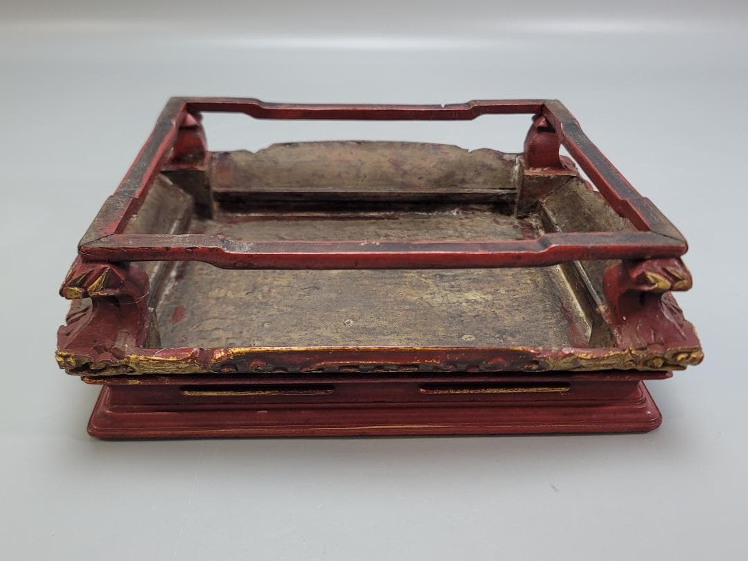 中国美術 螺鈿 獅子紋 朱漆 香炉台 DT507