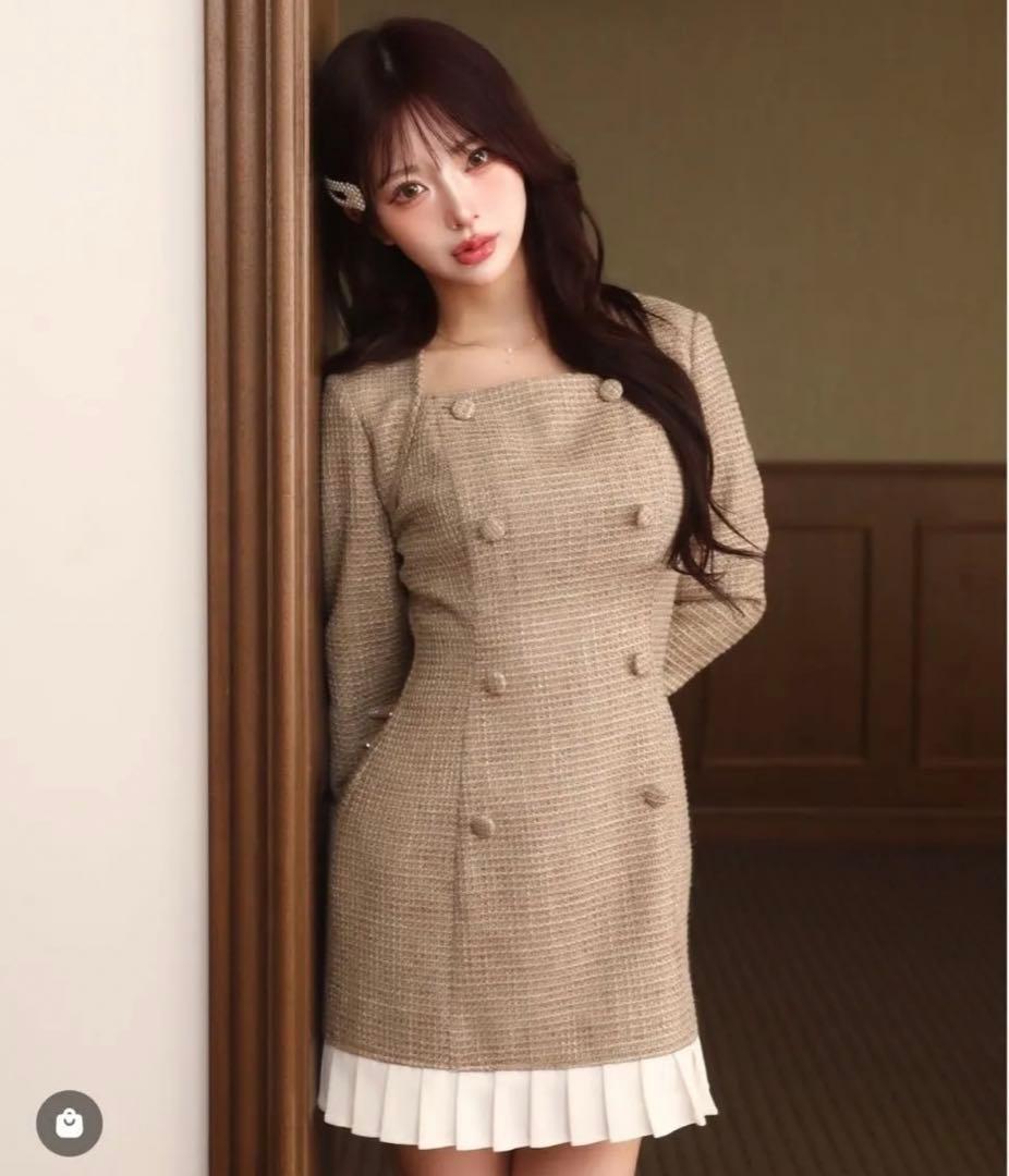 Darich プリーツドッキングツイードミニワンピース ブラウン