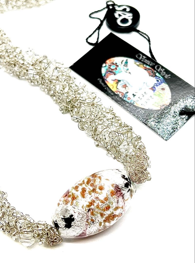 【イタリア製】シルバー925製ベネチアンガラスネックレス証明タグ付シルバーピンク