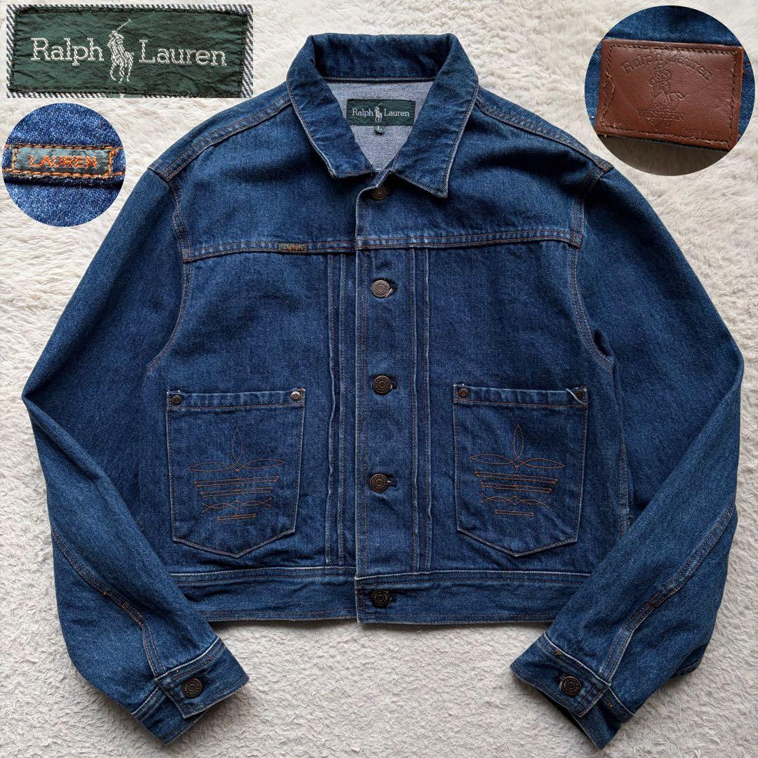 【70s】ラルフローレンウエスタン デニムジャケット ロゴ革パッチ ステッチ L