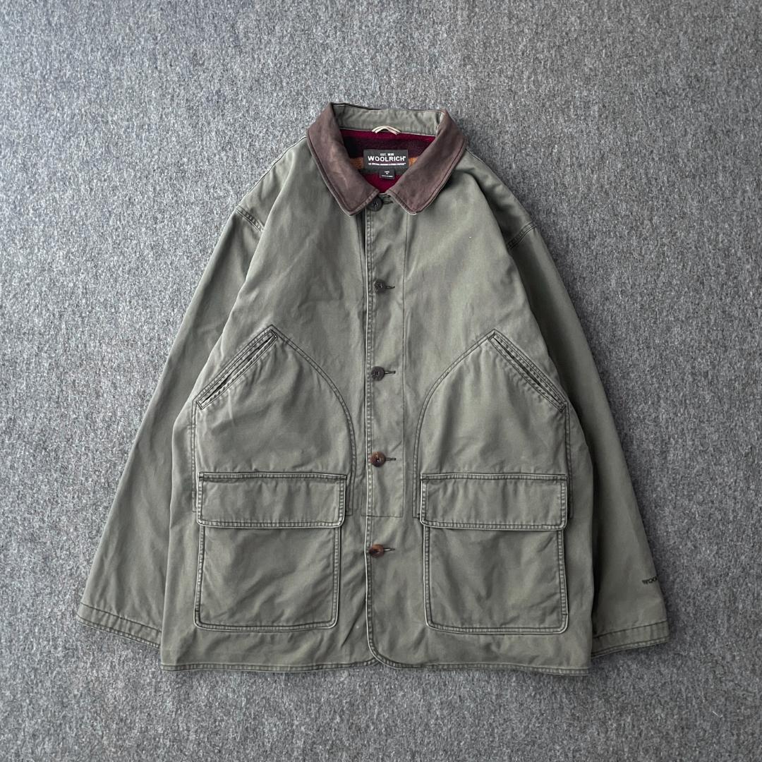 WOOLRICH　カバーオールジャケット　ハンティング　レザーカラー切替　裏ボア