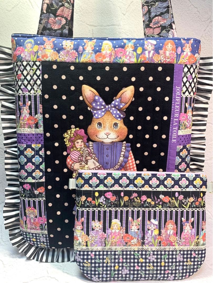 フリルバッグ ポーチ 2点セット ビッグコラコラ ジョリーフルール 黒 うさぎ