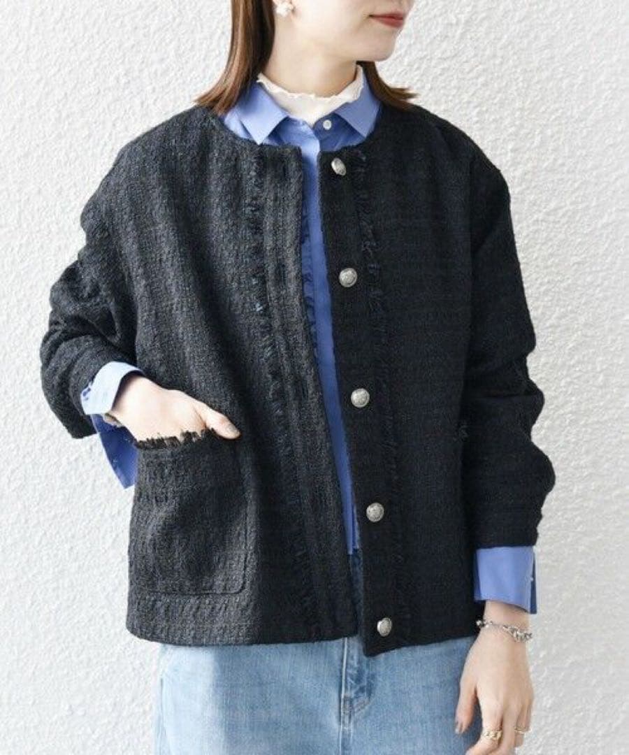 新品　SHIPS any ノーカラー ツイード ジャケットNAVYBLUE
