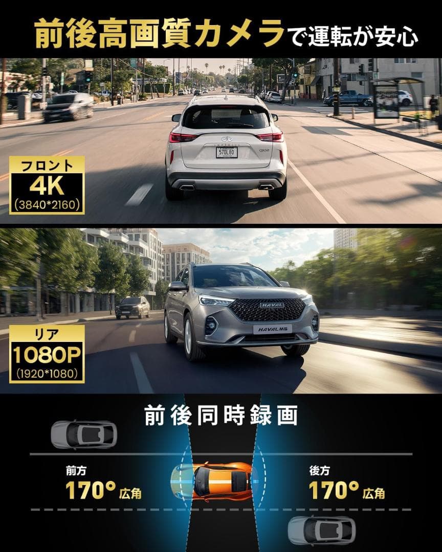 【開封・未使用】ドライブレコーダー ミラー型 前後録画 暗視 IMX589 ４K