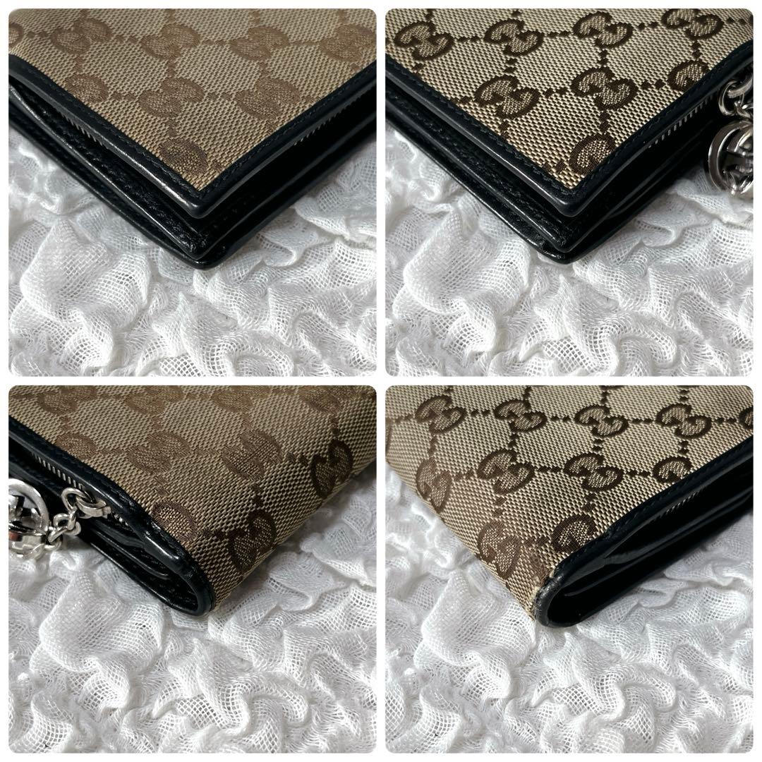 希少✨グッチ　長財布　キャンバス　ラウンドファスナー　GG柄　チャーム　インター