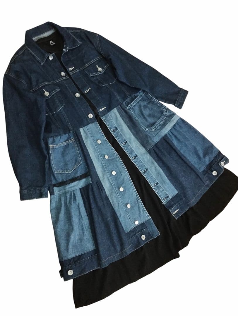 古着リメイク　編み上げリボンのの可愛いGジャンデニムリメイクロングジャケット