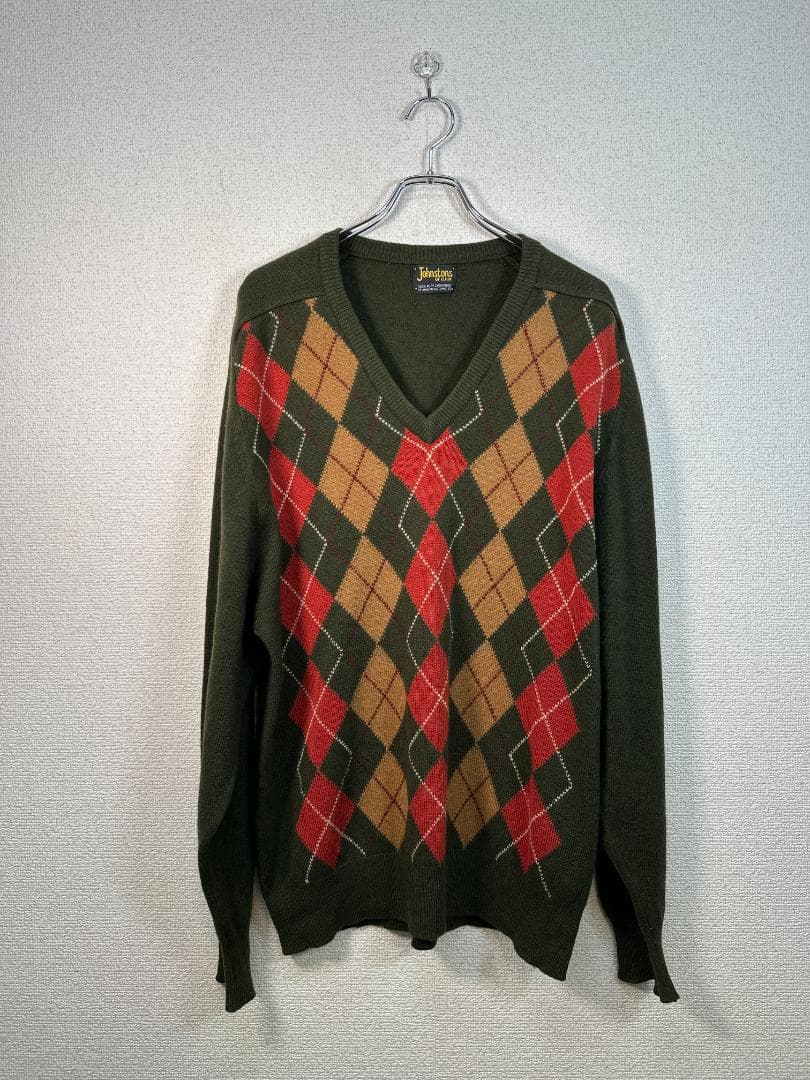 ジョンストンズ オブ エルガン ピュアカシミヤ製Vネックアーガイルセーター 44