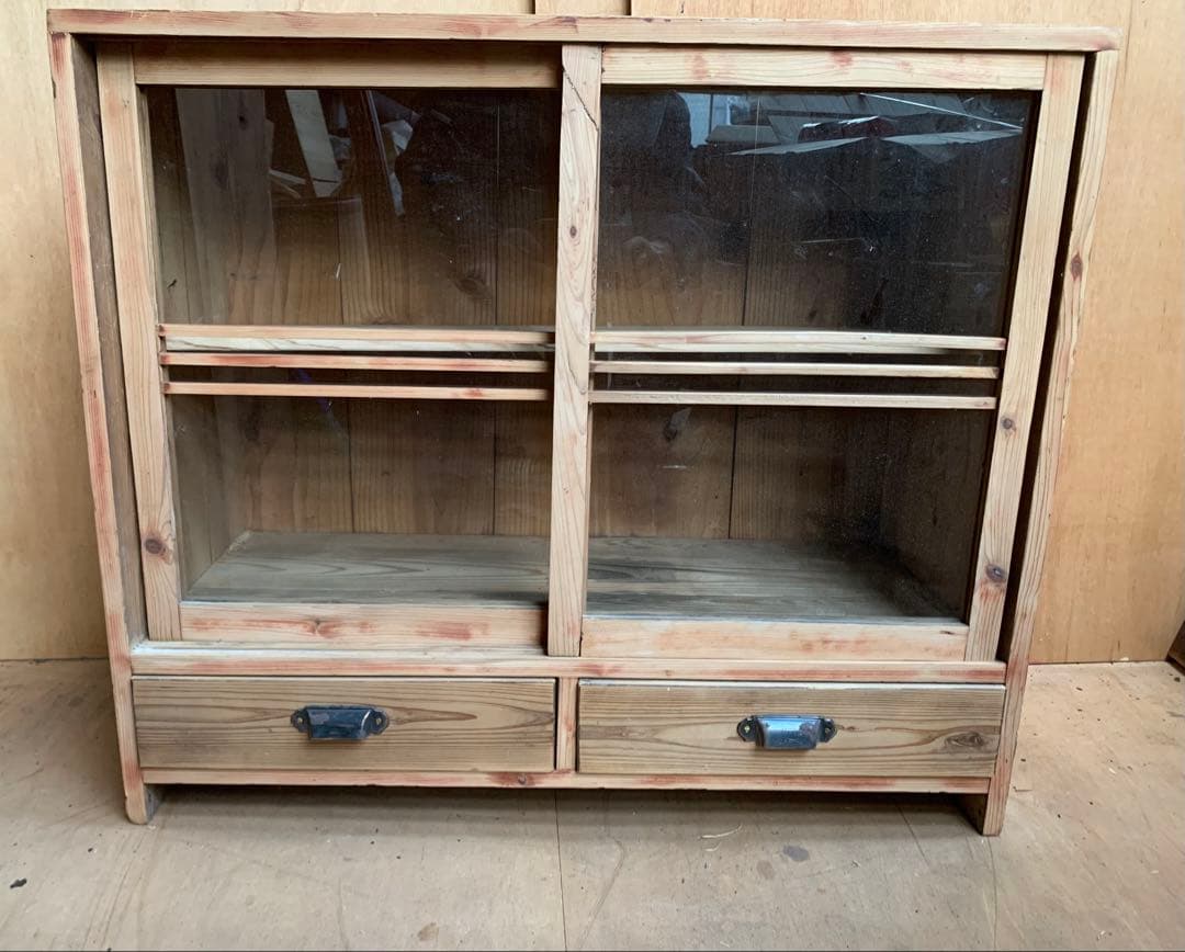 古い木全面ガラス収納陳列棚戸　引き出し2杯　店舗什器古家具