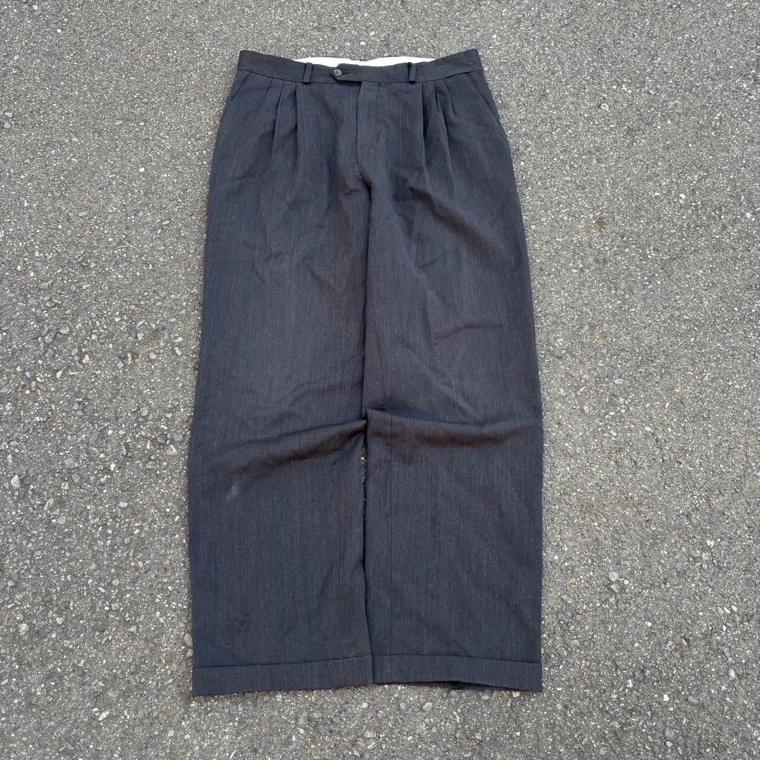 80s カナダ製 レーヨン混 ワイドスラックス 3タック ブラック 絣 フェード