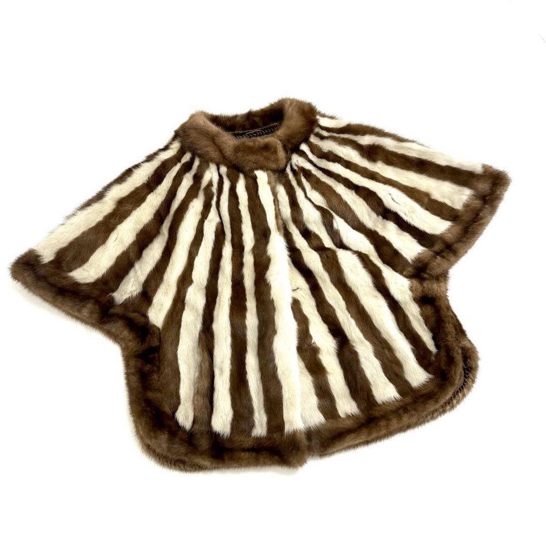 MINKミンク ポンチョマント ケープ デザイン ストライプ柄 毛皮コート
