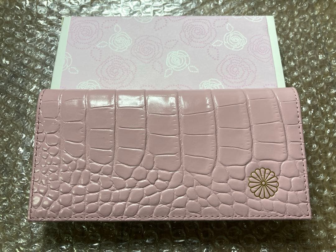 y*t様 皇居 長財布 クロコ風型押し 牛革 ピンク 菊の御紋