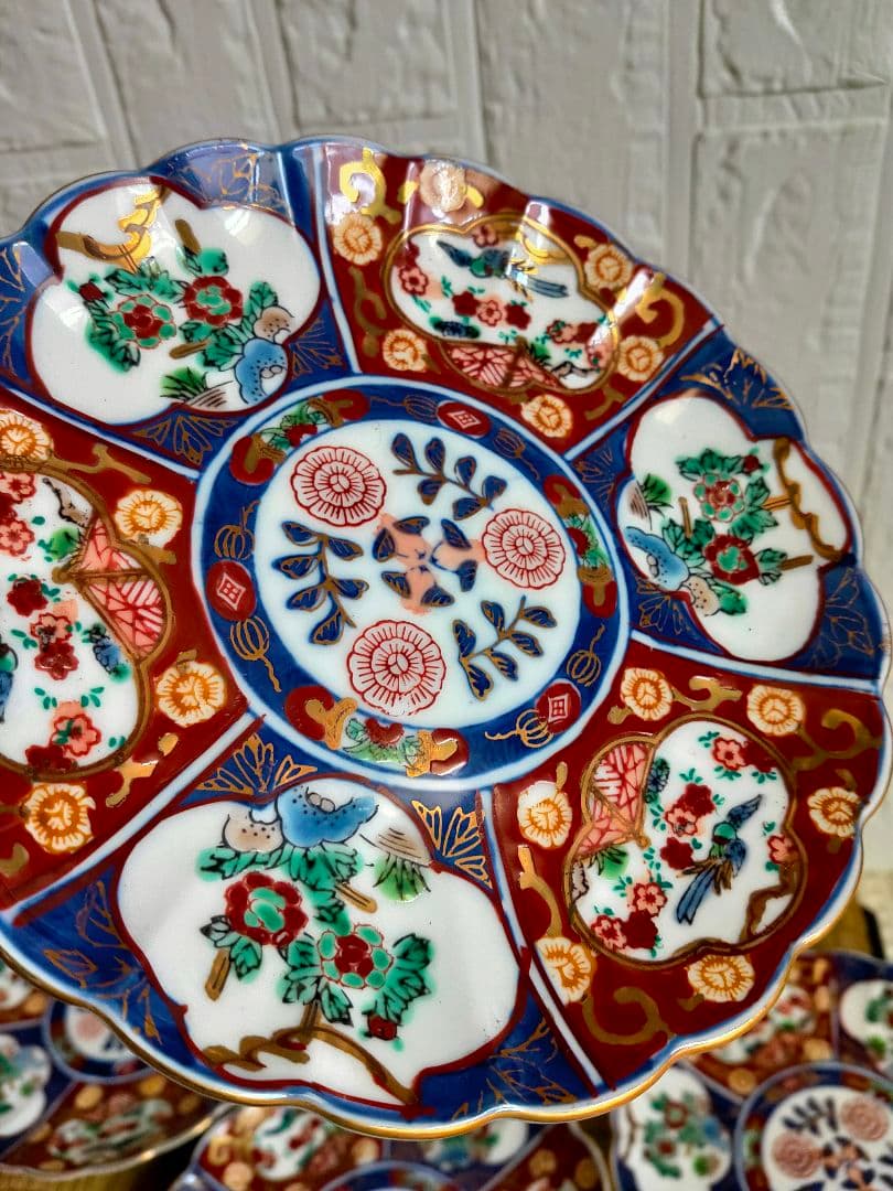 蔵出し 工芸品古伊万里 有田焼 盛皿揃 箱 秀峰作 金彩 絵付 印