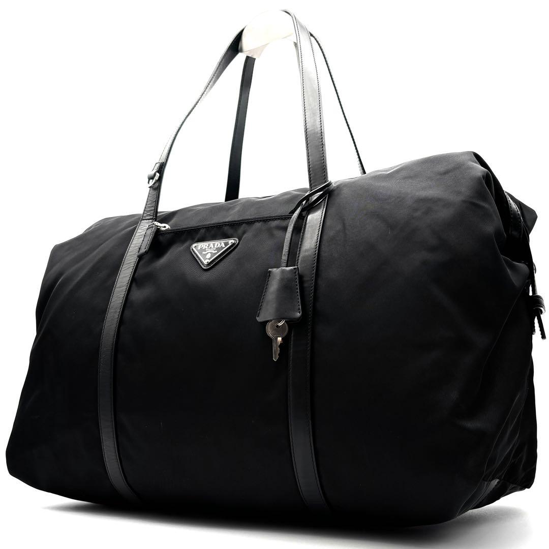 極美品 プラダ トートバッグ ボストンバッグ 三角ロゴ 白タグ 南京錠 鍵付 黒