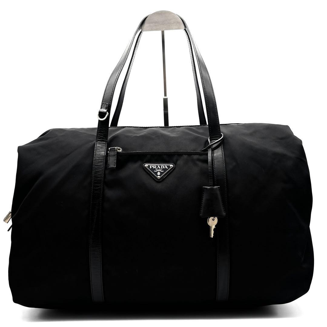 極美品 プラダ トートバッグ ボストンバッグ 三角ロゴ 白タグ 南京錠 鍵付 黒