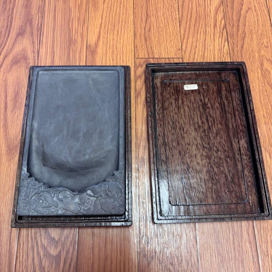 硯 書道用 彫刻入り 木箱付き 約20cm 書道具