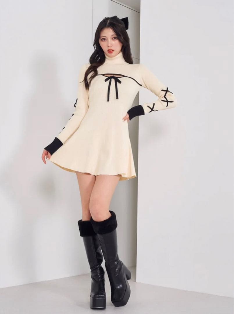 Darich バイカラーリボンデザインニットミニワンピース